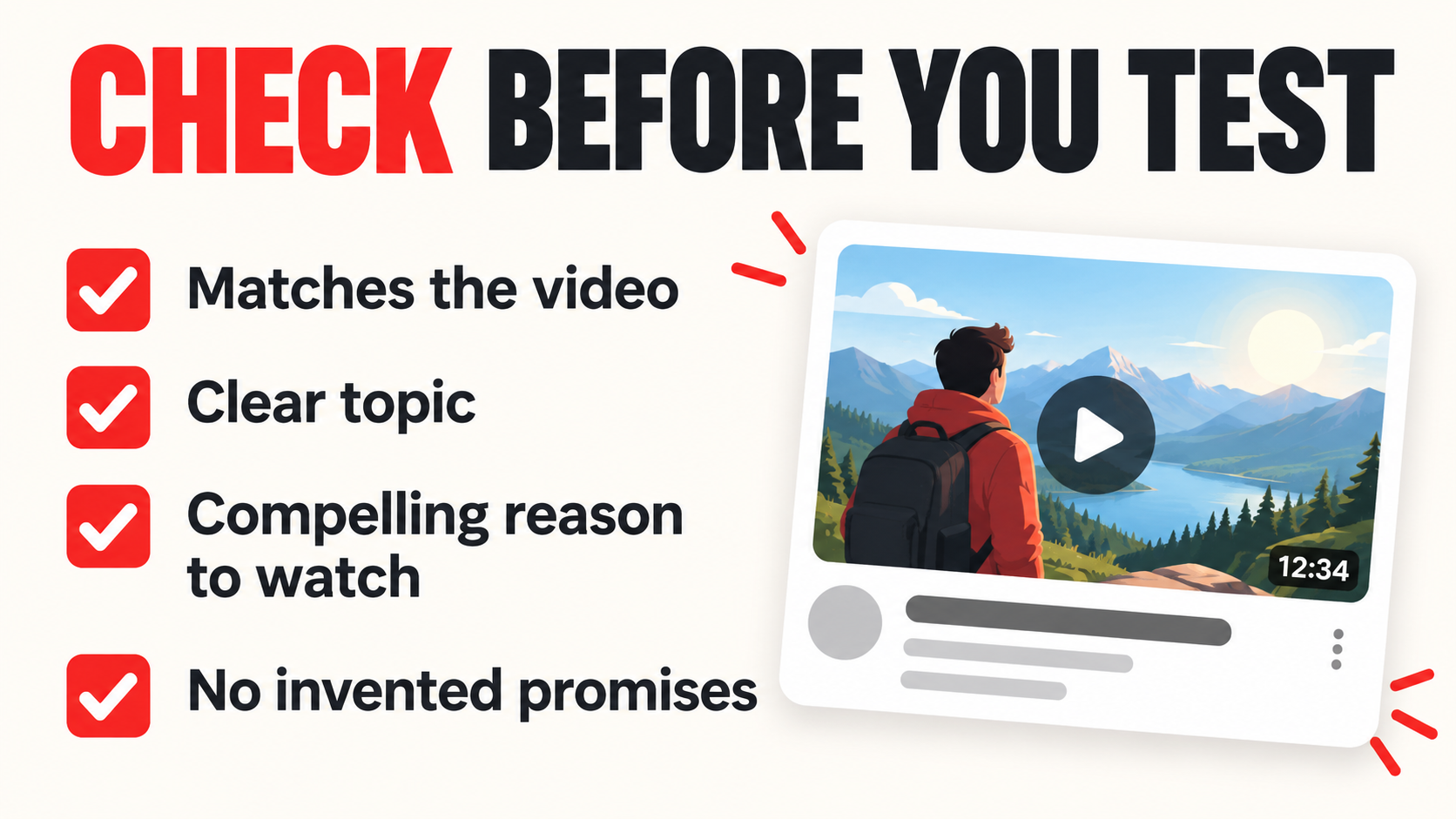 YouTube title optimization checklist covering topic clarity, accurate promises, and reasons to watch
